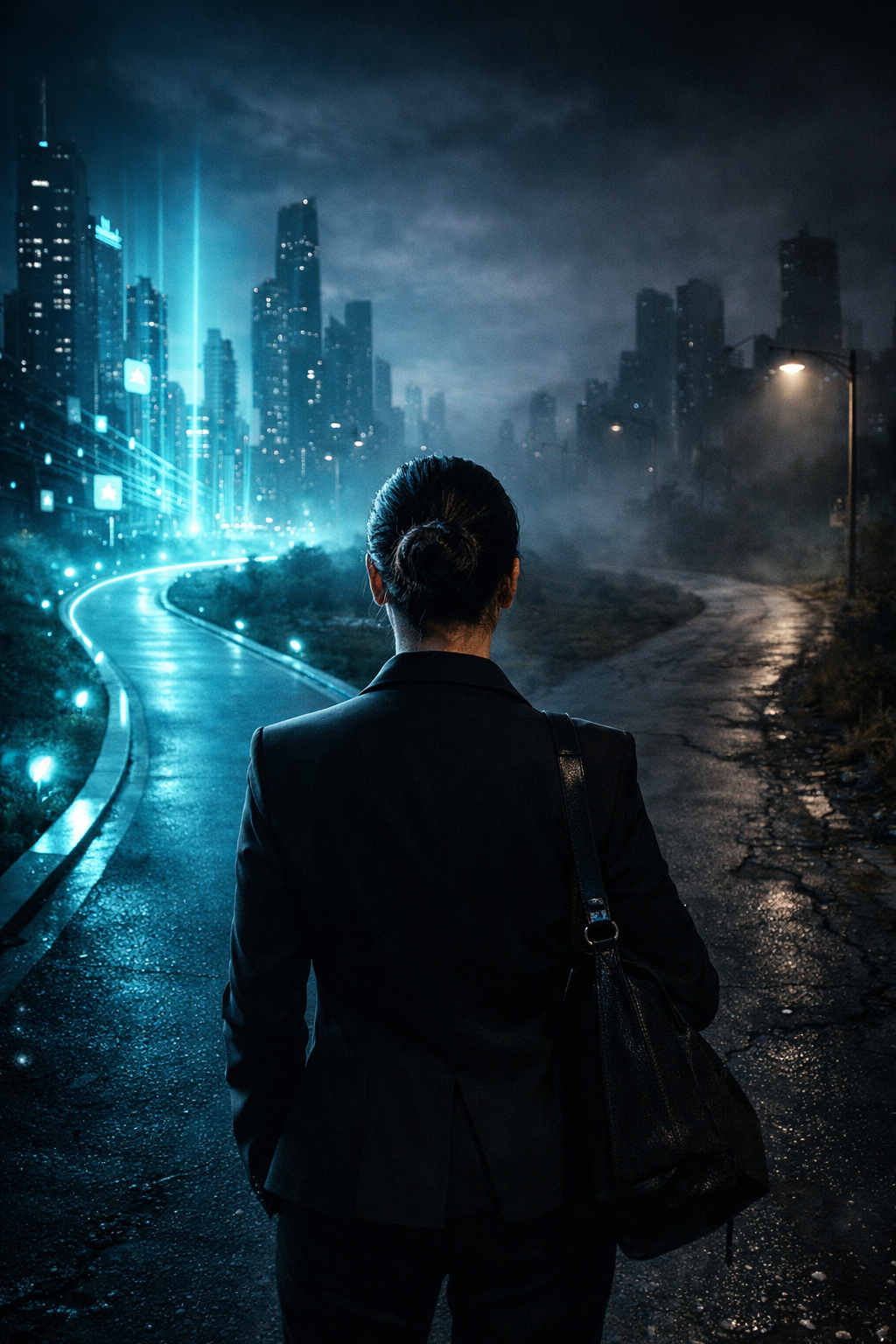 Professional standing at the intersection of AI opportunity and uncertainty